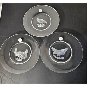 Val St Lambert Intaglio Cut Glass Game Birds 3 designs Belgian Crystal plates 8"